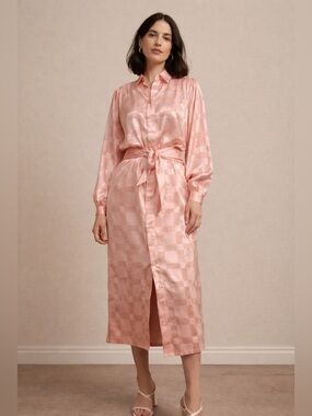 Vtg 80s pink Silky Midi Shirt Dress Wmn Sz 8 Tie Waist Coquette Checker Rayon